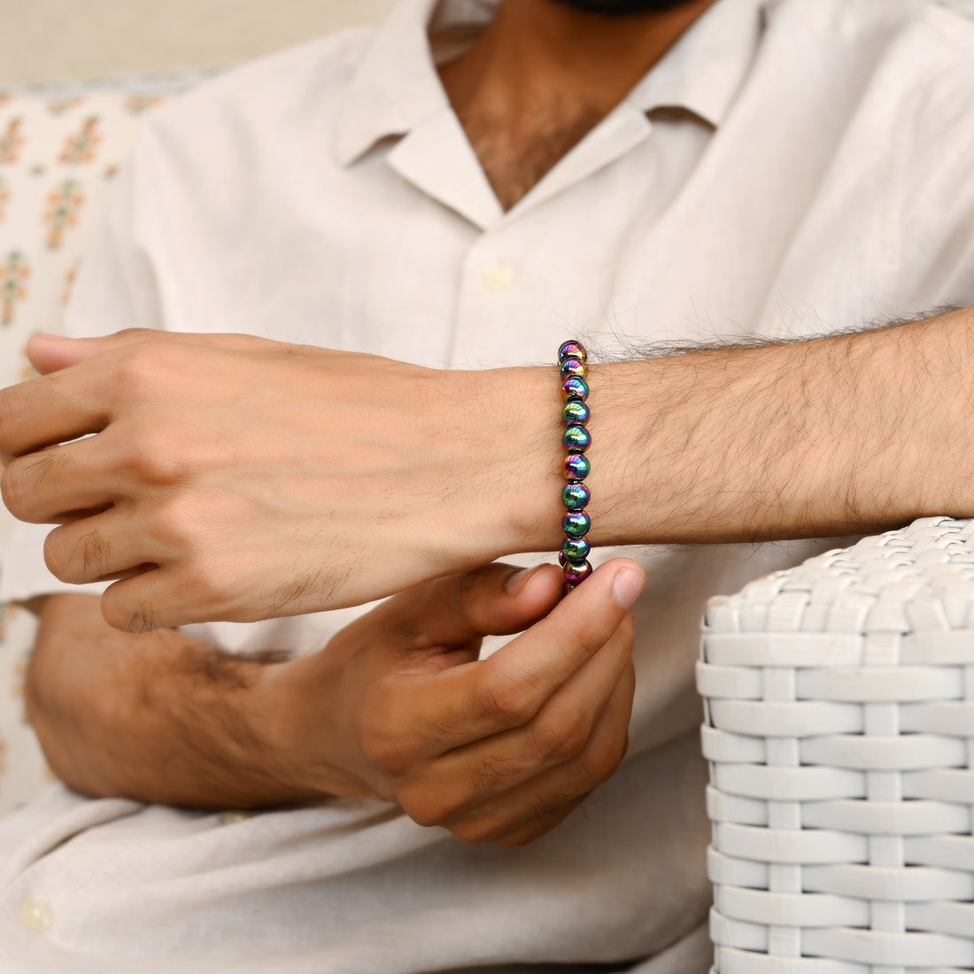 Mystic Hematite Harmony Stretch Bracelet on wrist - Stylish and grounding accessory