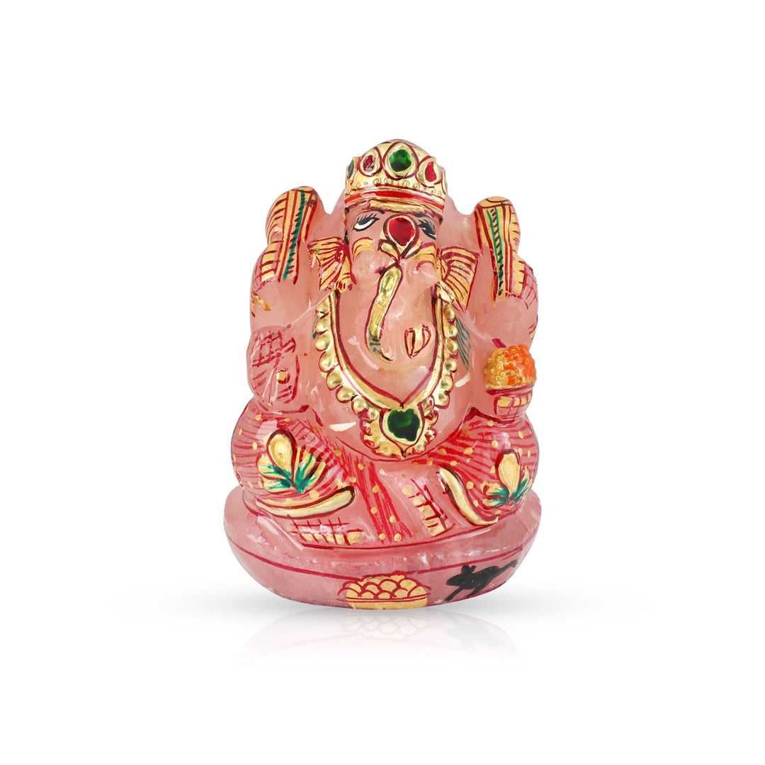 Rose Quartz Ganesh Idol - Handpainted