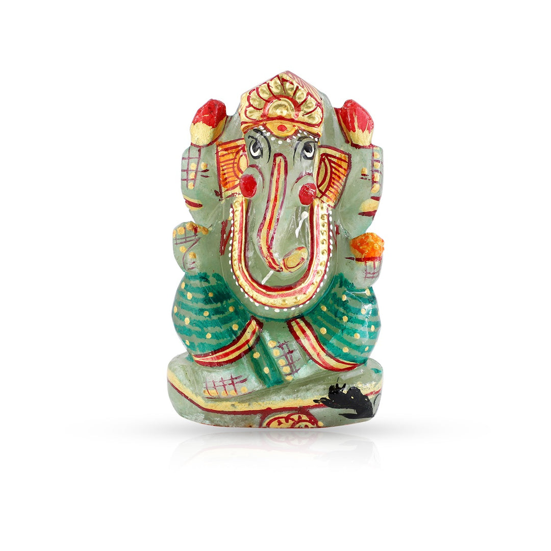 Green Aventurine Ganesh Idol - Handpainted