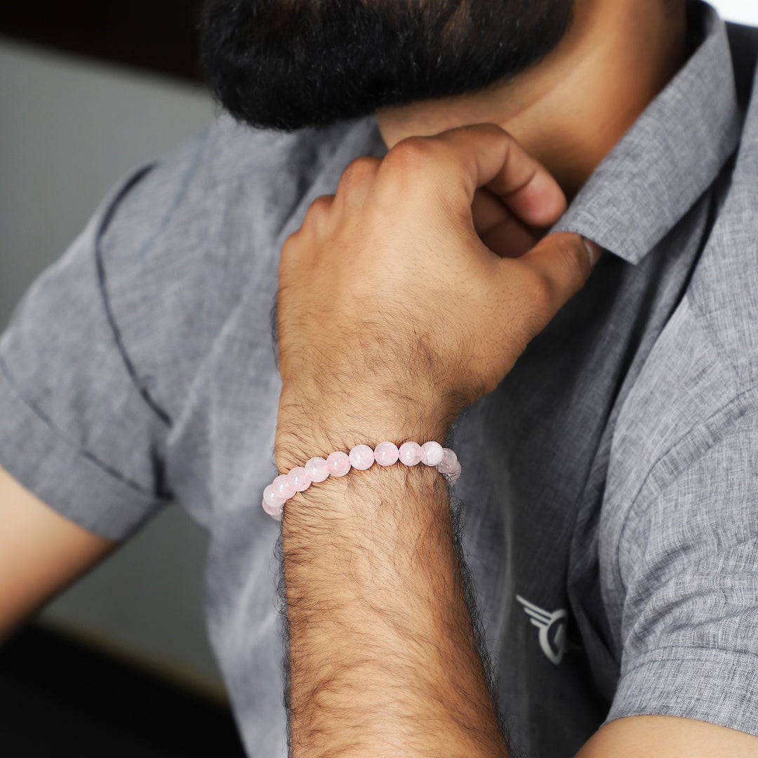 Natural Rose Quartz Gemstone Beads Handmade Magnetic Lock Bracelet, showcasing soft pink gemstone beads.