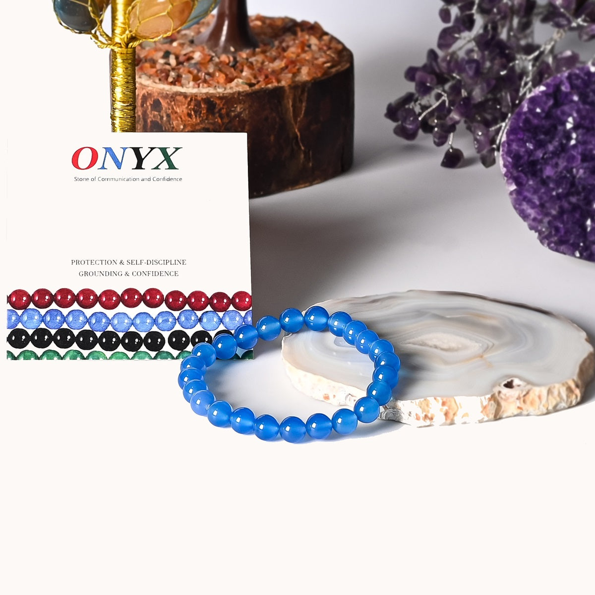 Blue Onyx 8mm Bead Bracelet - Elegant accessory promoting communication, emotional balance, and focus. Stylish and calming gemstone jewelry for every occasion