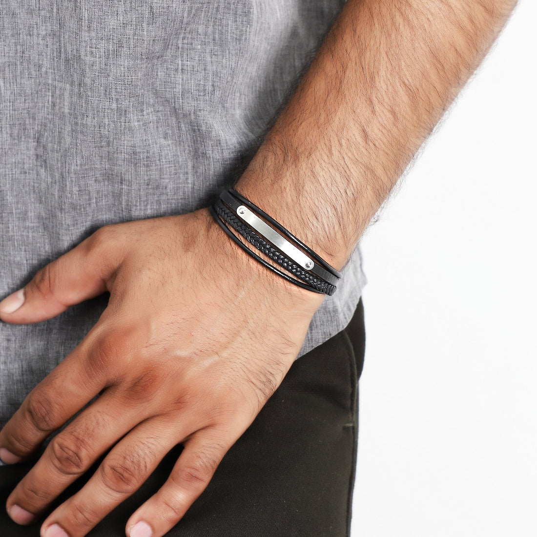 Stainless Steel Multi Layer Black Leather Bracelet, showcasing multiple layers of leather and stainless steel