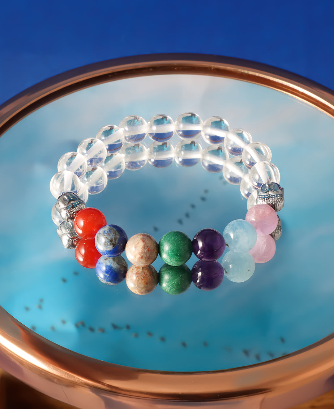 7 Chakra Gemstone Bracelet with Hematite Buddha and Quartz Beads