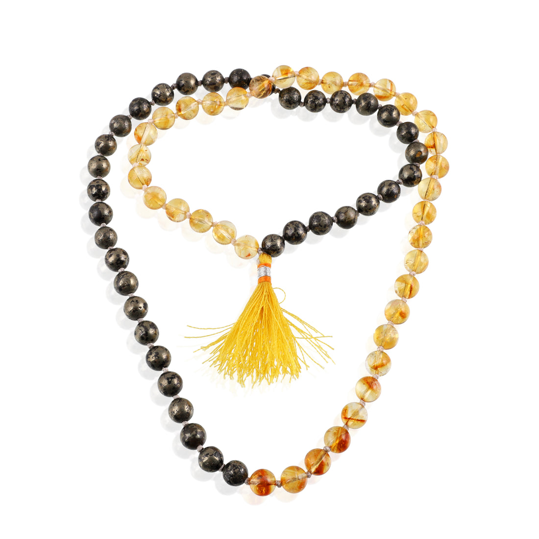 Natural Pyrite and Citrine Gemstone Jap Mala with 8mm Smooth Beads