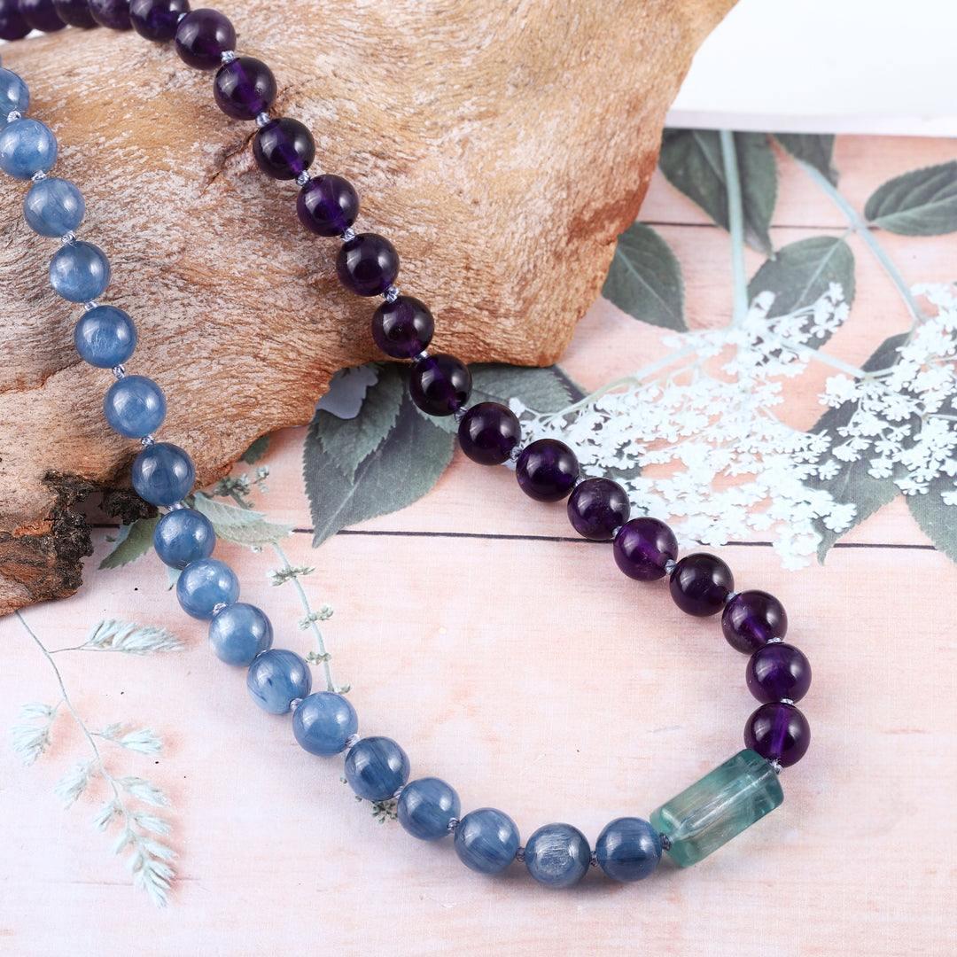 Amethyst, Kyanite and Green Fluorite Knotted Necklace