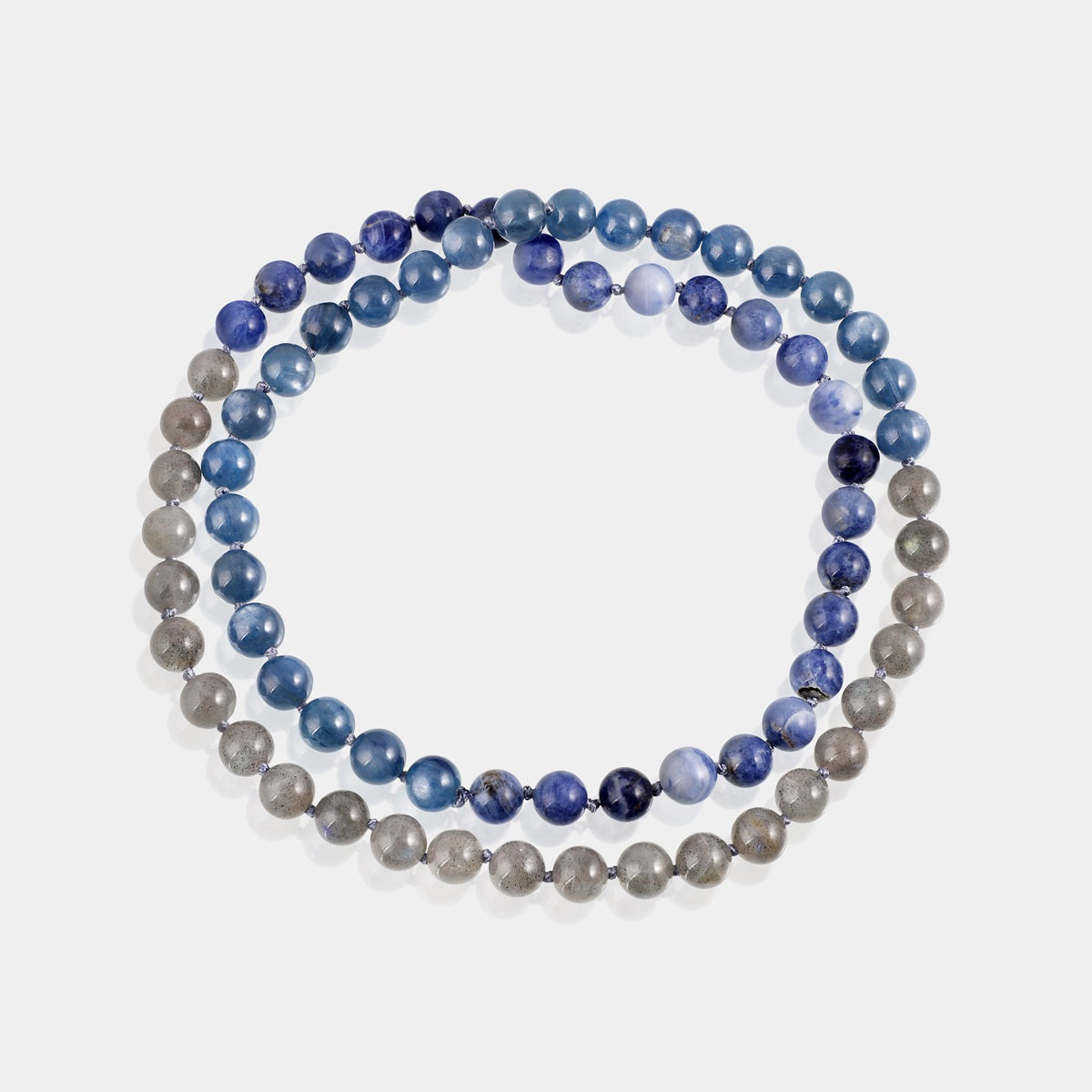 Beautifully arranged Jap Mala with 72 beads of Labradorite, Kyanite, and Sodalite for a harmonious and mindful spiritual experience