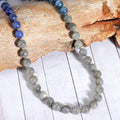 Energetic depiction of Labradorite beads, capturing their mystical energy and gray color, believed to deflect negative energies and enhance spiritual intuition.