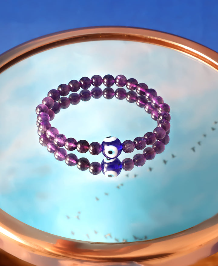 Amethyst and Evil Eye Beads Stretch Bracelet