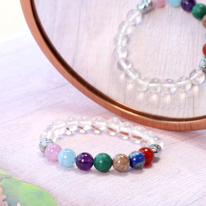 7 Chakra Gemstone Bracelet with Hematite Buddha and Quartz Beads