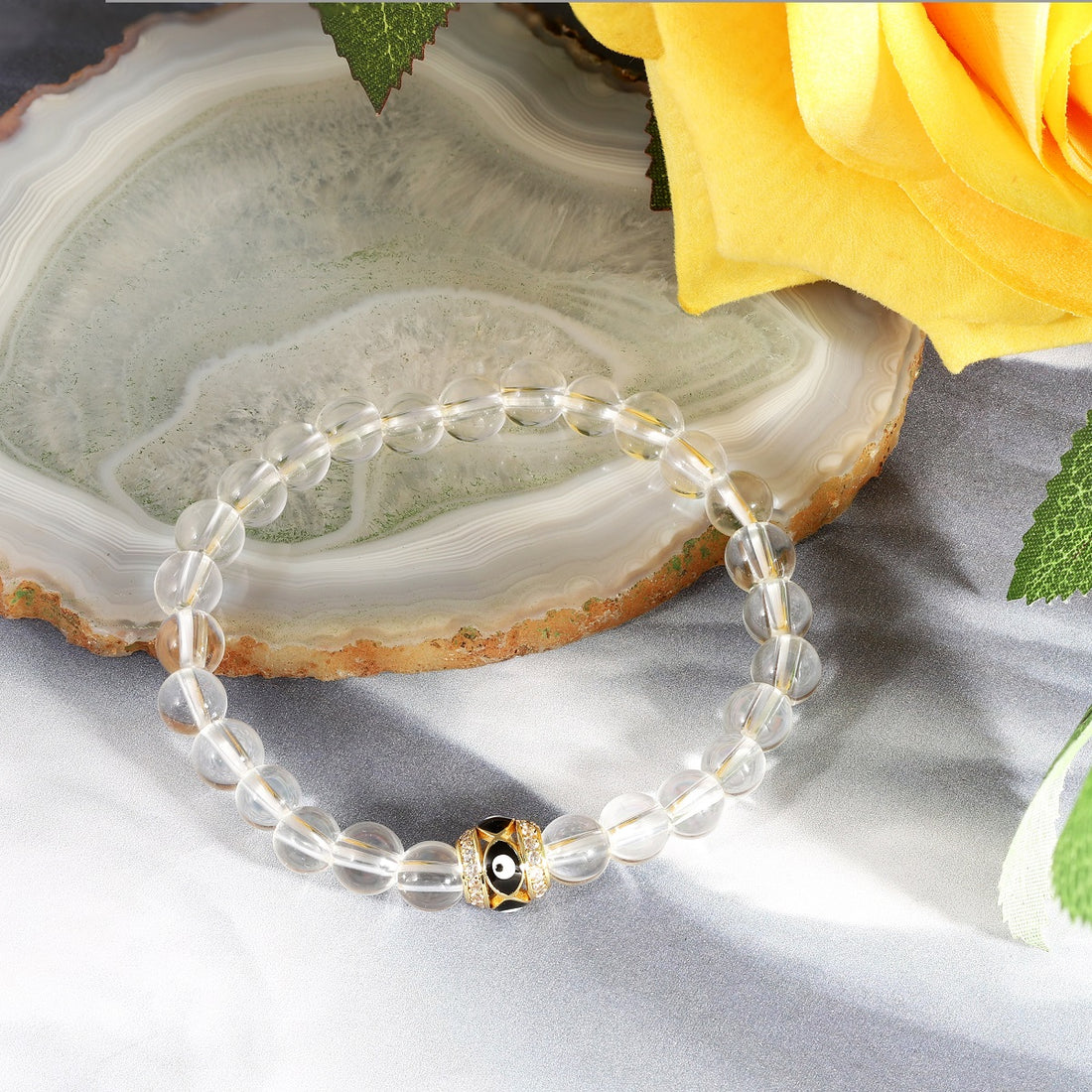 Close-Up of Clear Crystal Quartz Beads - Handmade Stretch Bracelet