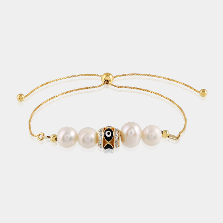 Pearl and Black Evil Eye Silver Bolo Chain Bracelet