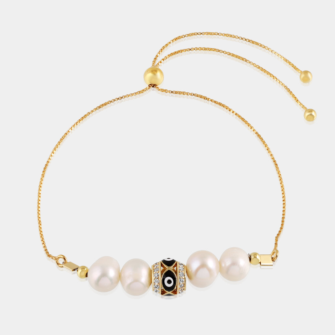 Pearl and Black Evil Eye Silver Bolo Chain Bracelet