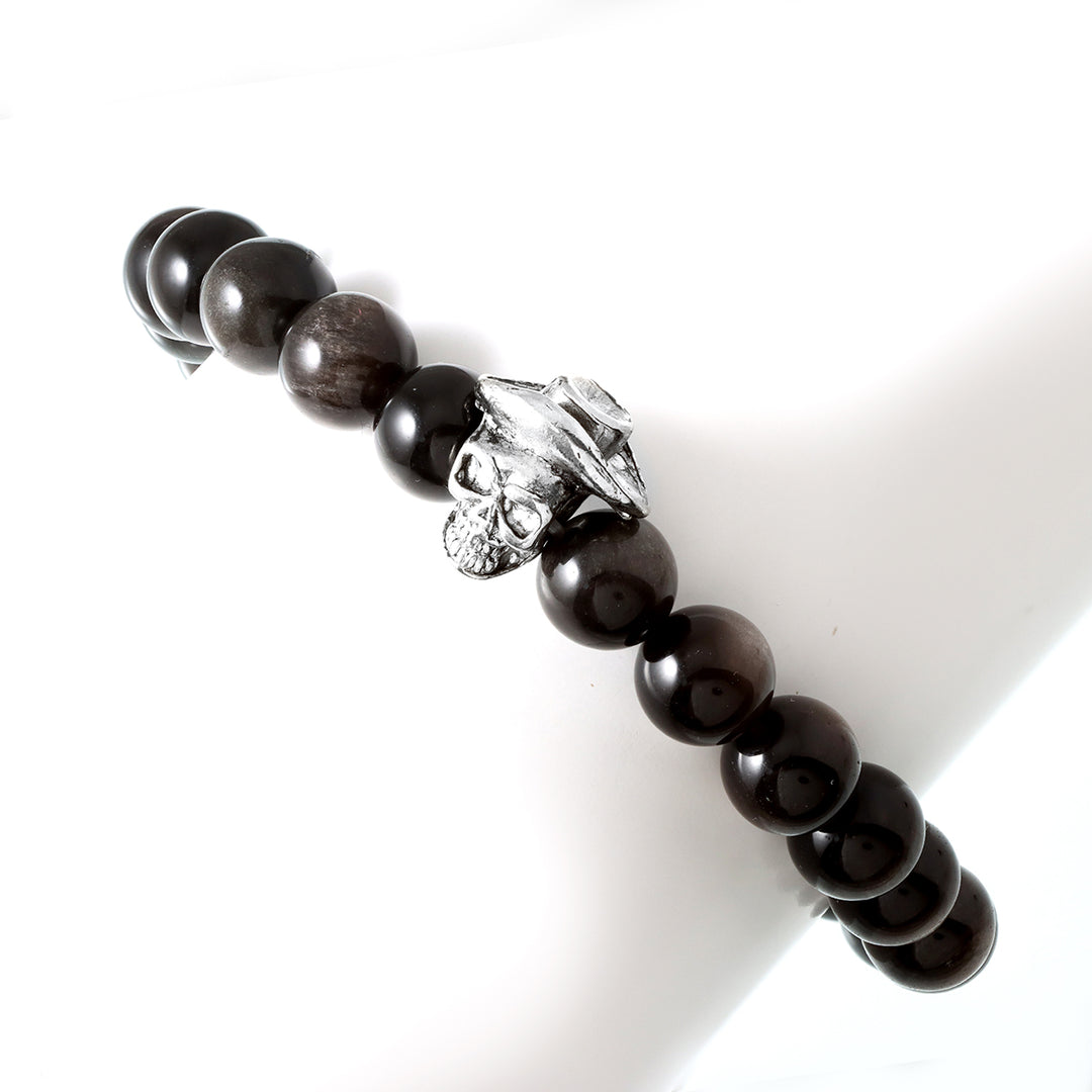 Fashionable Silver Obsidian and Skull Charm Handmade Bracelet