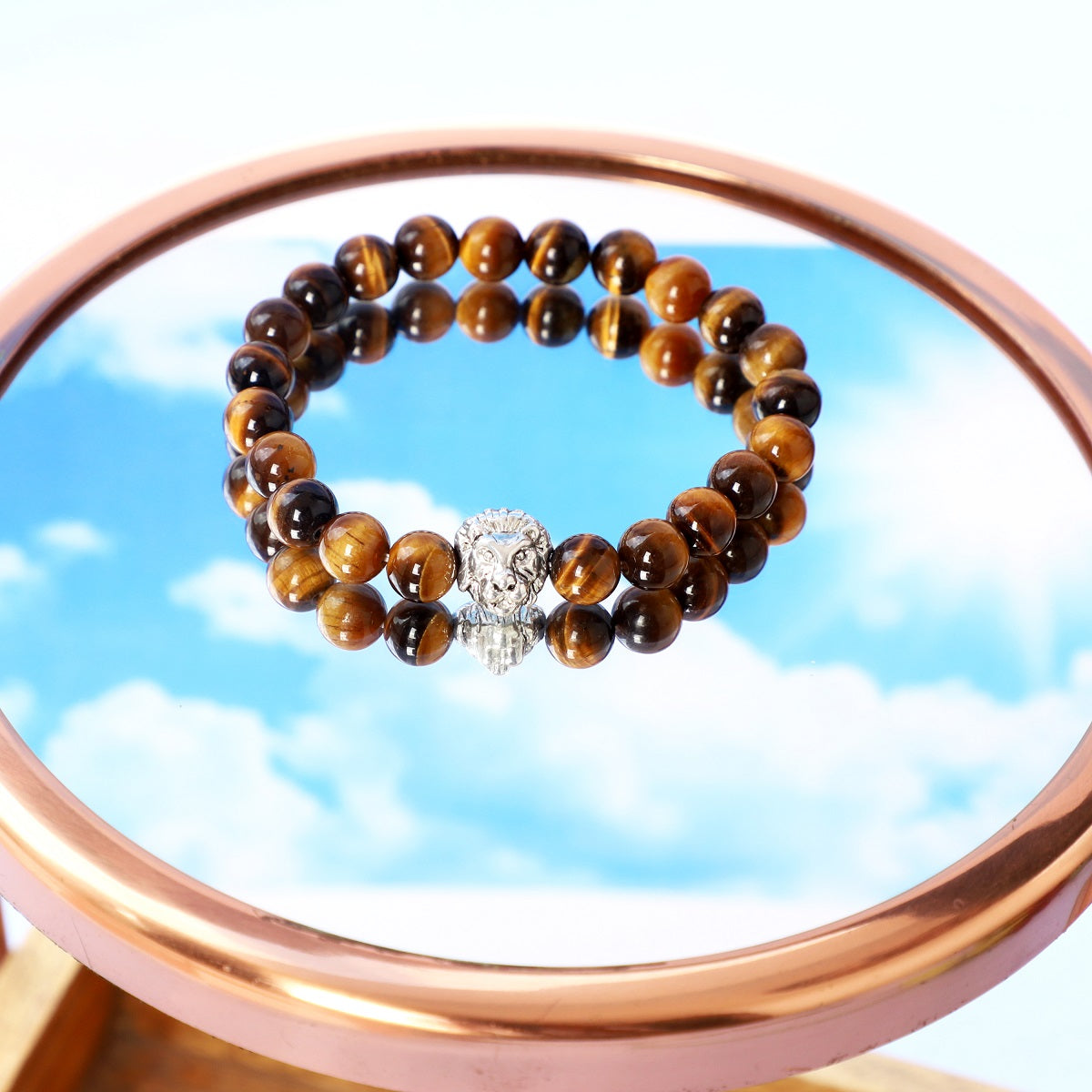 Lion Face Charm Bracelet with Tiger's Eye Beads