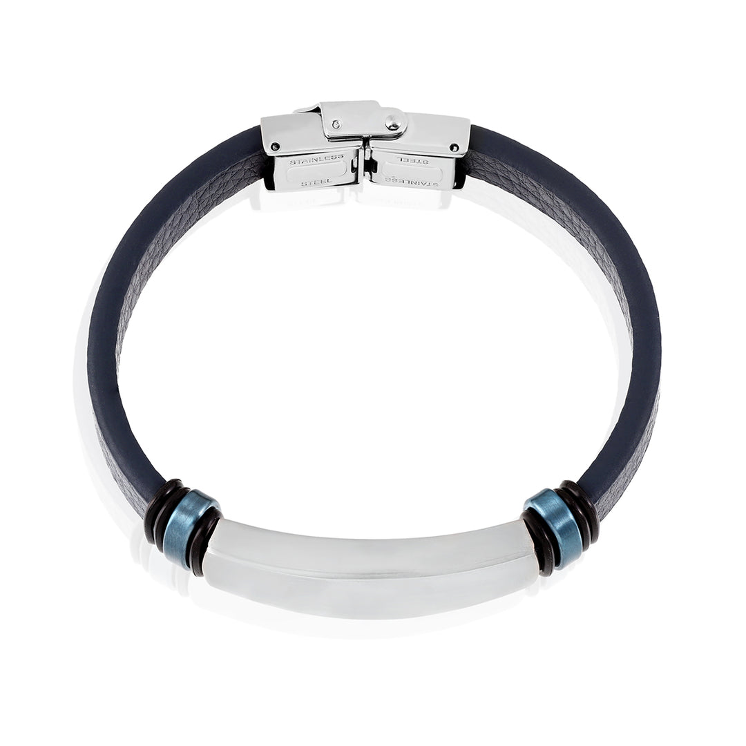 Stainless Steel Bar Blue Leather Bracelet