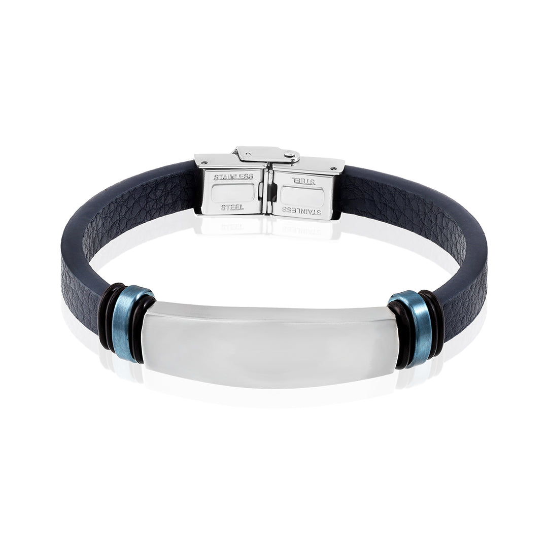 Stainless Steel Bar Blue Leather Bracelet