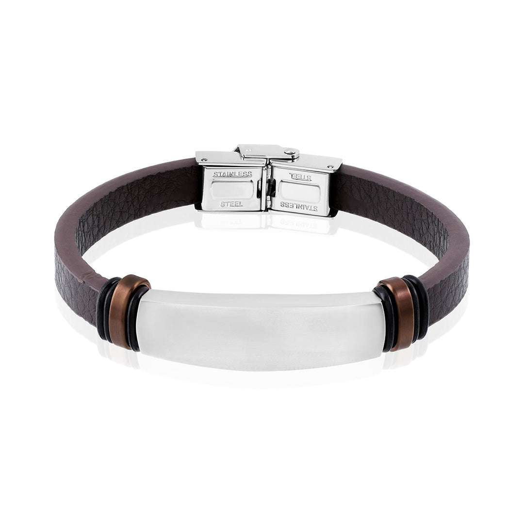 Stainless Steel Bar Brown Leather Bracelet