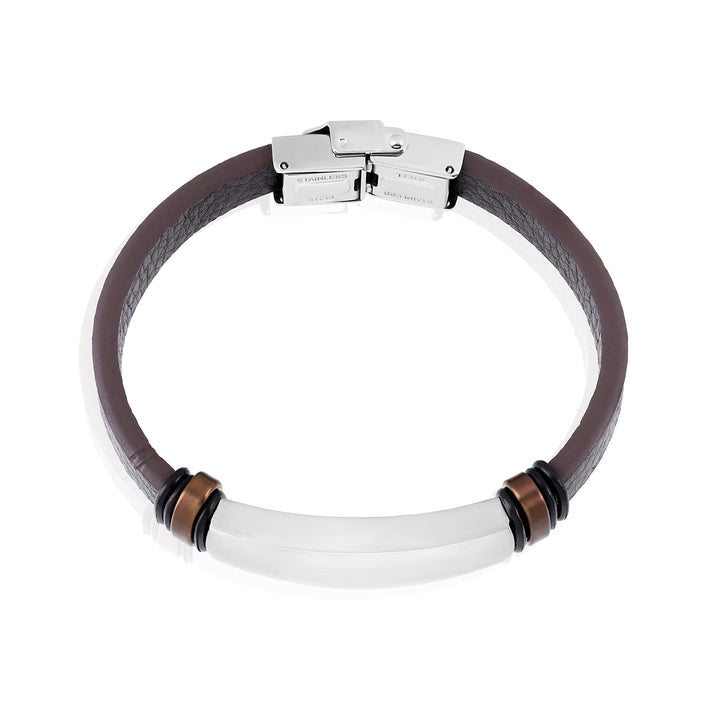 Stainless Steel Bar Brown Leather Bracelet