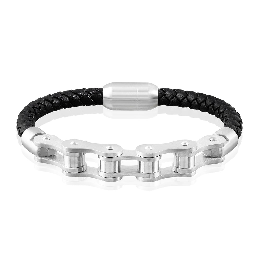 Black Leather Braided Bike Chain Bracelet