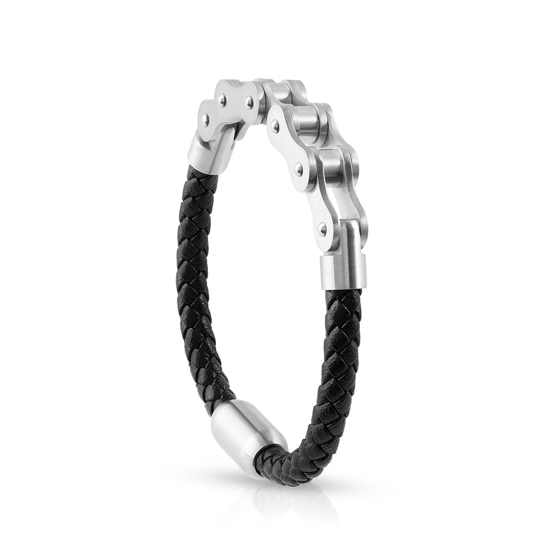 Black Leather Braided Bike Chain Bracelet