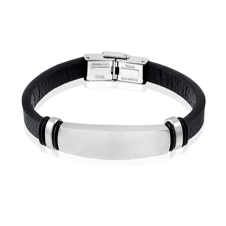 Stainless Steel Bar Black Leather Bracelet