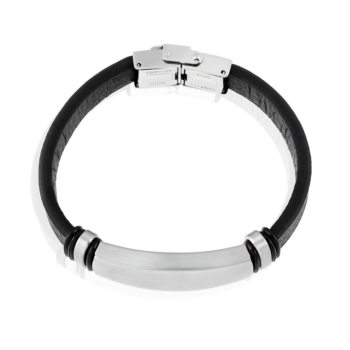 Stainless Steel Bar Black Leather Bracelet