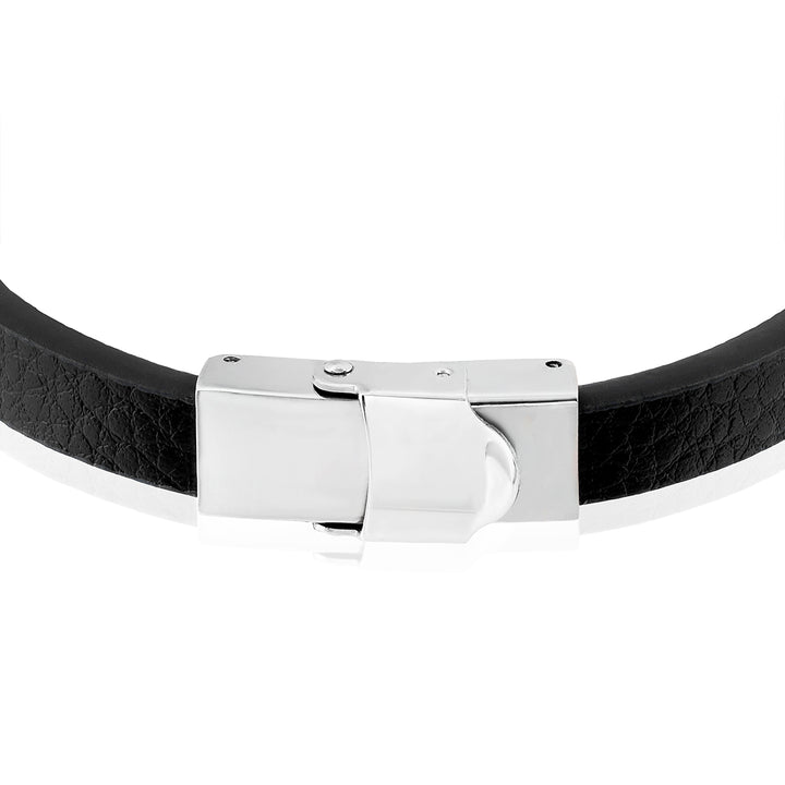 Stainless Steel Bar Black Leather Bracelet