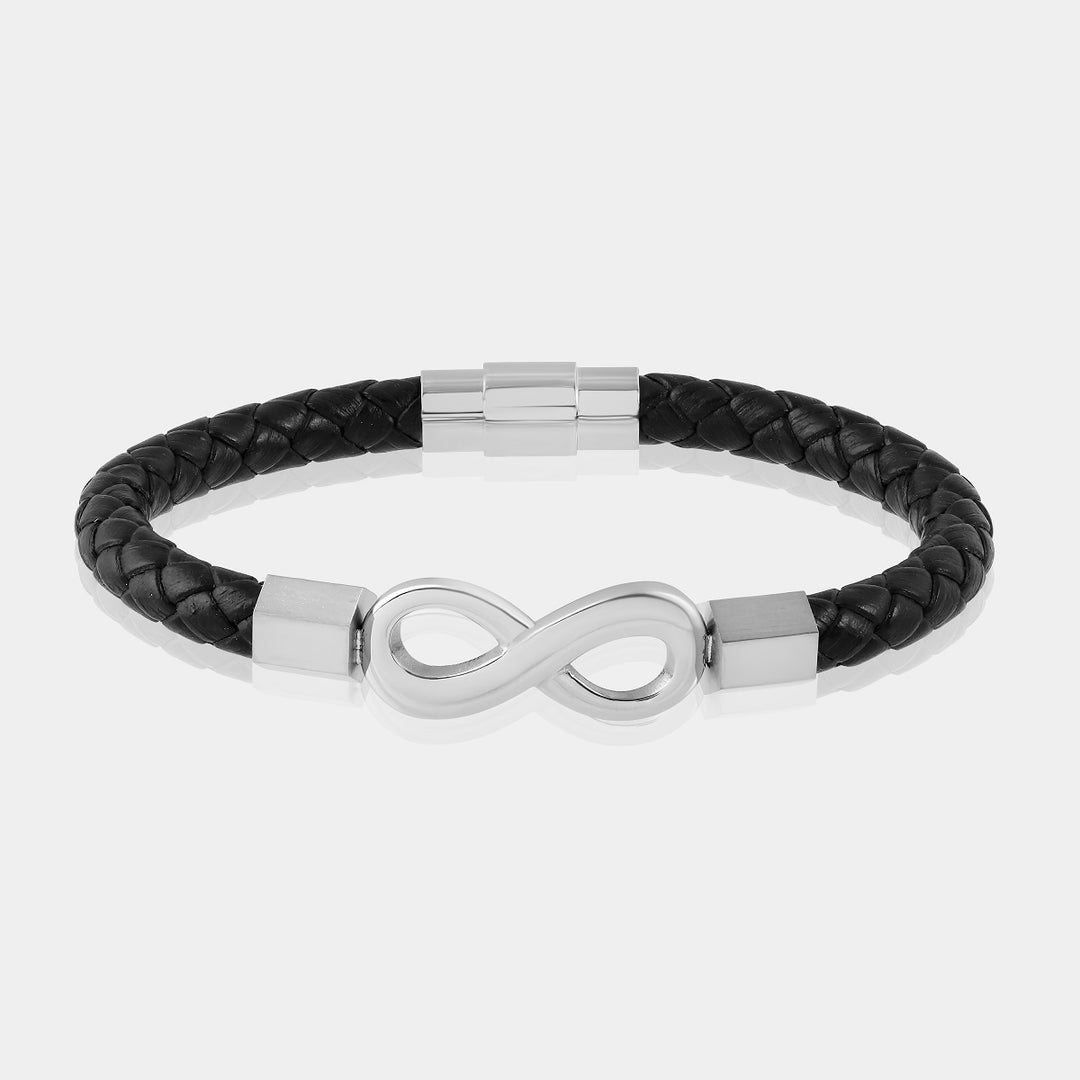 Detailed view of the intricate braided leather design combined with the symbolic infinity symbol