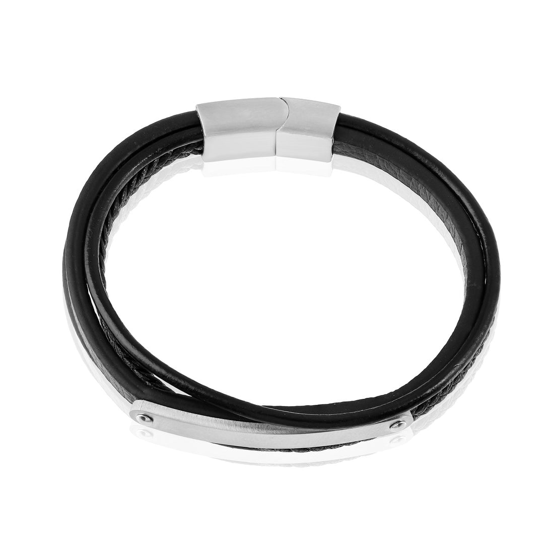 Stainless Steel Multi Layer Black Leather Bracelet, showcasing multiple layers of leather and stainless steel