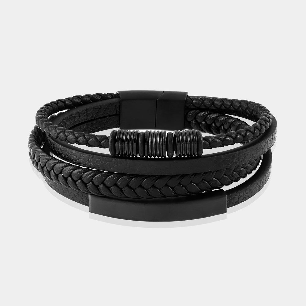 Multi Layer Black Braided Leather Bracelet, showcasing dynamic layers of braided black leather