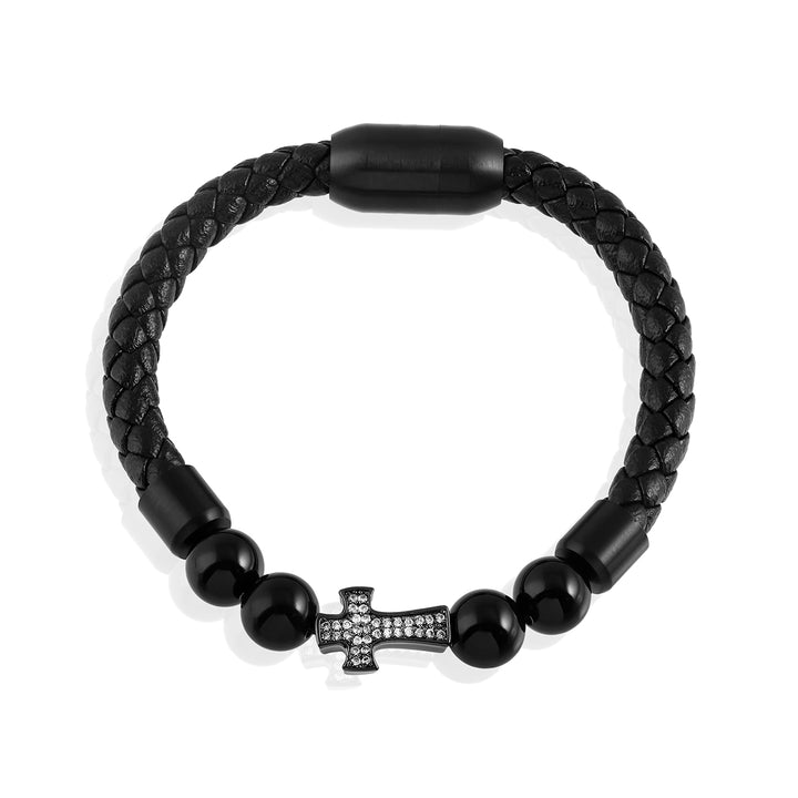 Black Onyx and Cross Charm Leather Bracelet