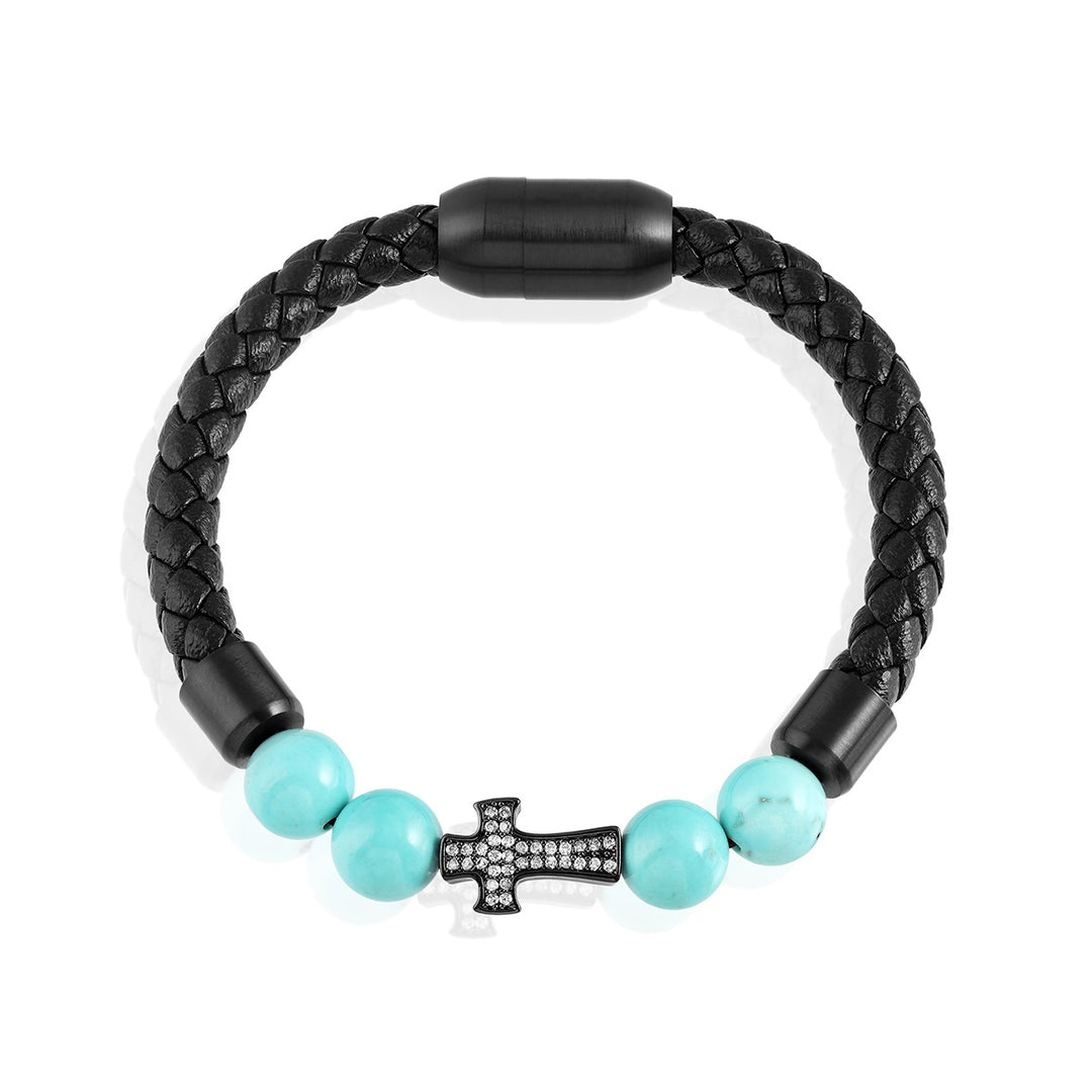 Turquoise and Cross Charm Leather Bracelet