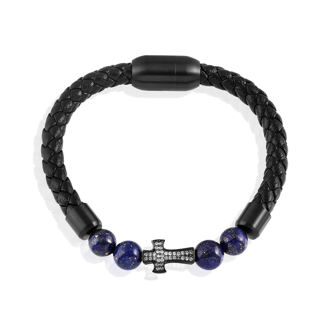 Lapis Lazuli and Cross Charm Leather Bracelet