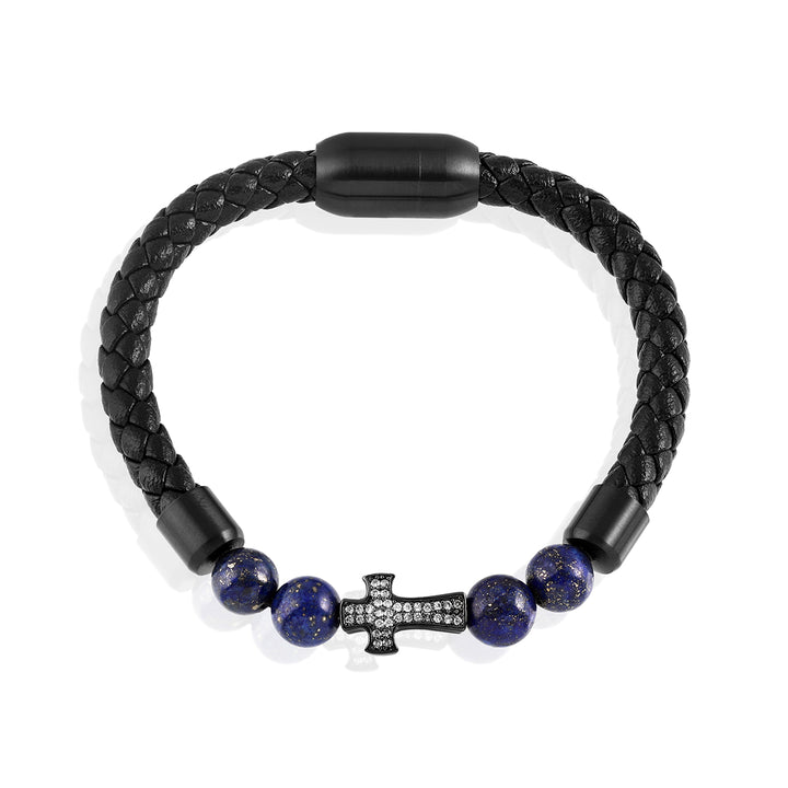 Lapis Lazuli and Cross Charm Leather Bracelet