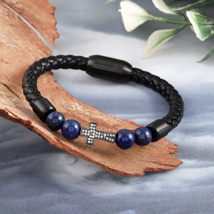 Lapis Lazuli and Cross Charm Leather Bracelet