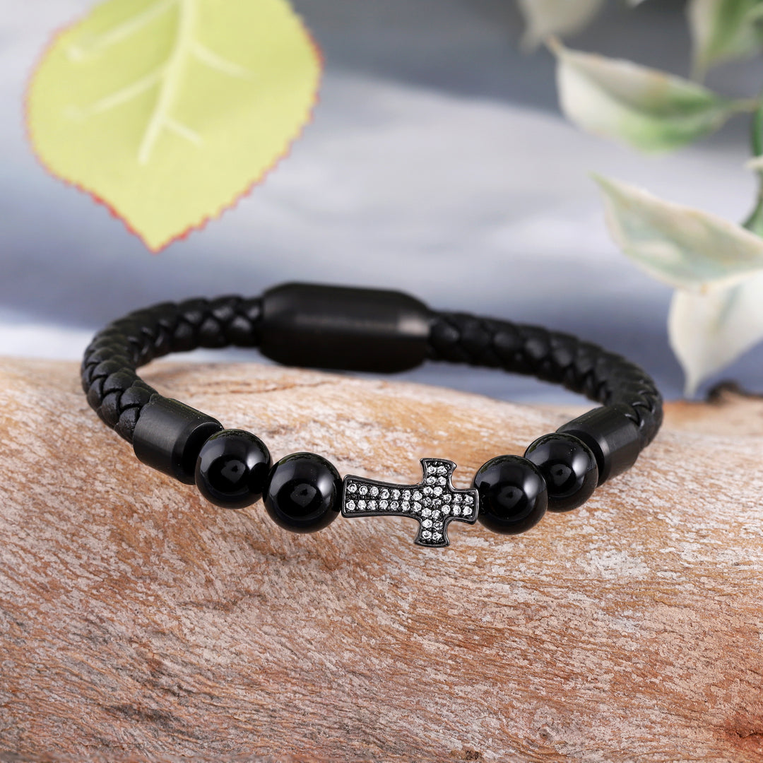 Black Onyx and Cross Charm Leather Bracelet