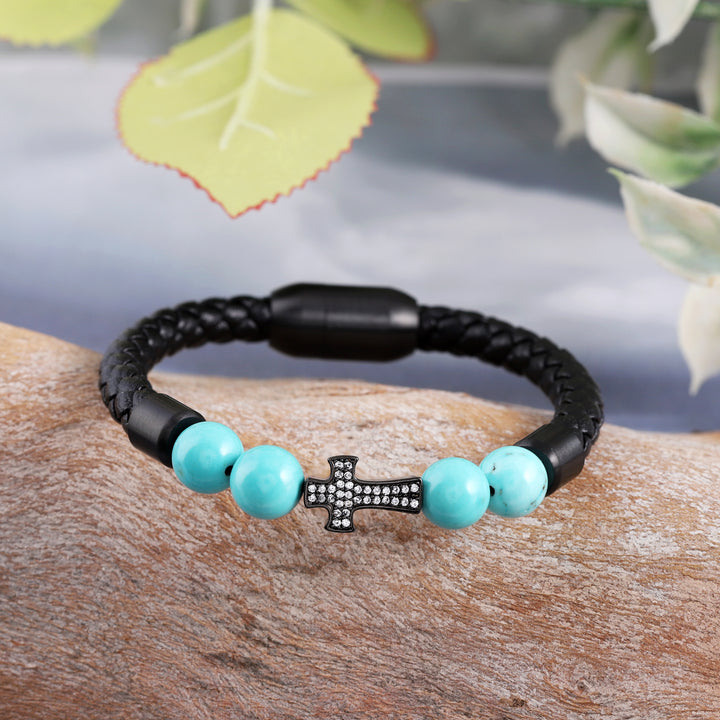 Turquoise and Cross Charm Leather Bracelet