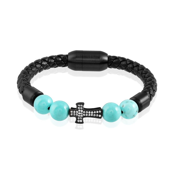 Turquoise and Cross Charm Leather Bracelet