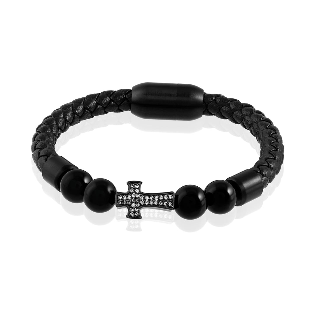 Black Onyx and Cross Charm Leather Bracelet