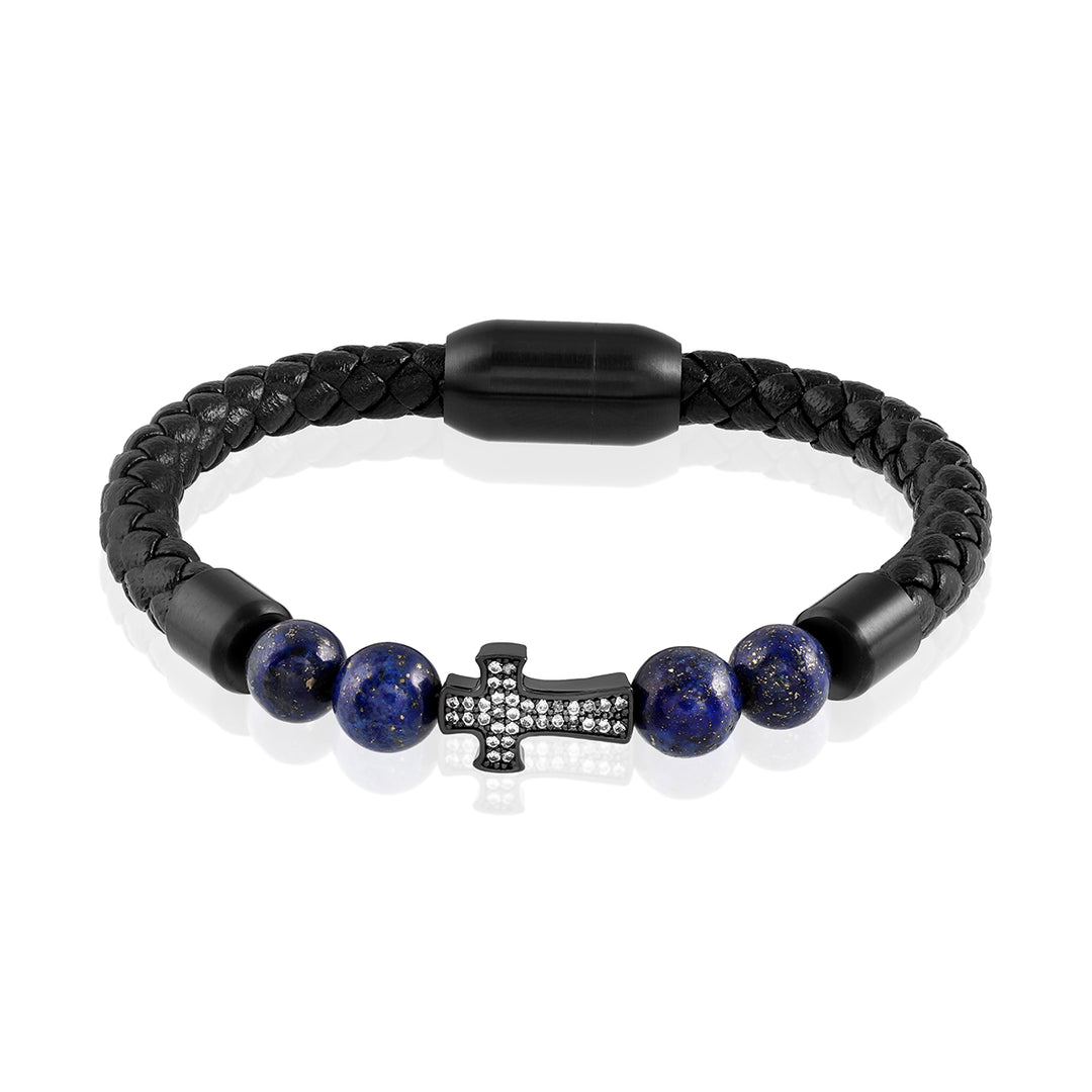 Lapis Lazuli and Cross Charm Leather Bracelet