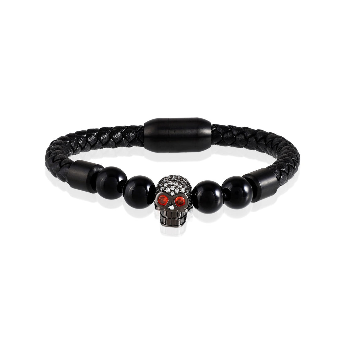 Black Onyx with Skull Charm Leather Bracelet