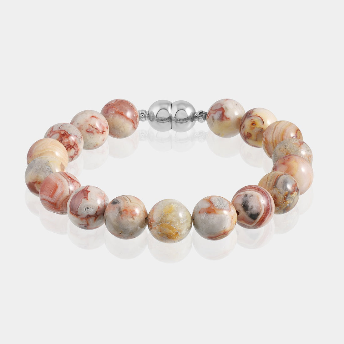 A close-up of a handmade bracelet adorned with smooth round crazy lace agate gemstone beads, showcasing vibrant and intricate multicolor patterns.