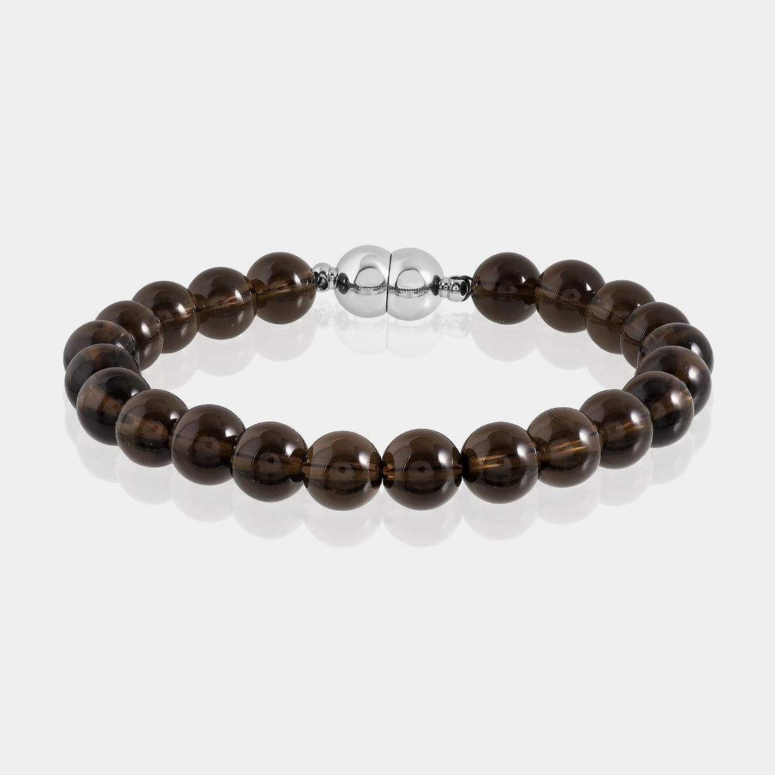 A close-up of a handmade bracelet featuring smooth round smoky quartz gemstone beads in a rich brown hue, exuding elegance and sophistication.