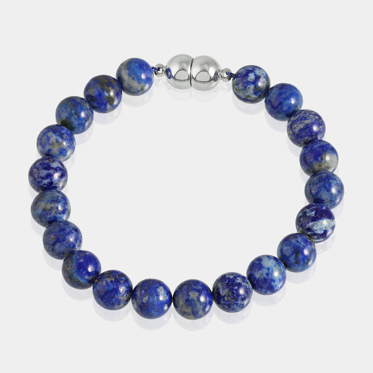 A detailed shot of the magnetic lock mechanism on the lapis lazuli gemstone bracelet, highlighting its functionality and stylish design.