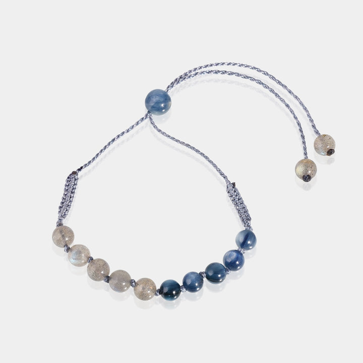 Glistening Kyanite gemstones in elegant macrame bracelet