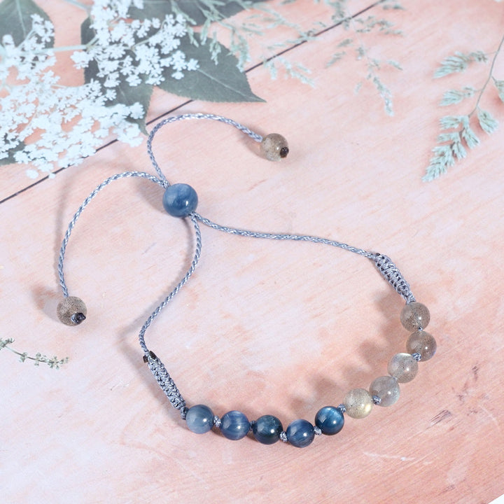 Close-up of Natural Labradorite and Kyanite Bead Bracelet