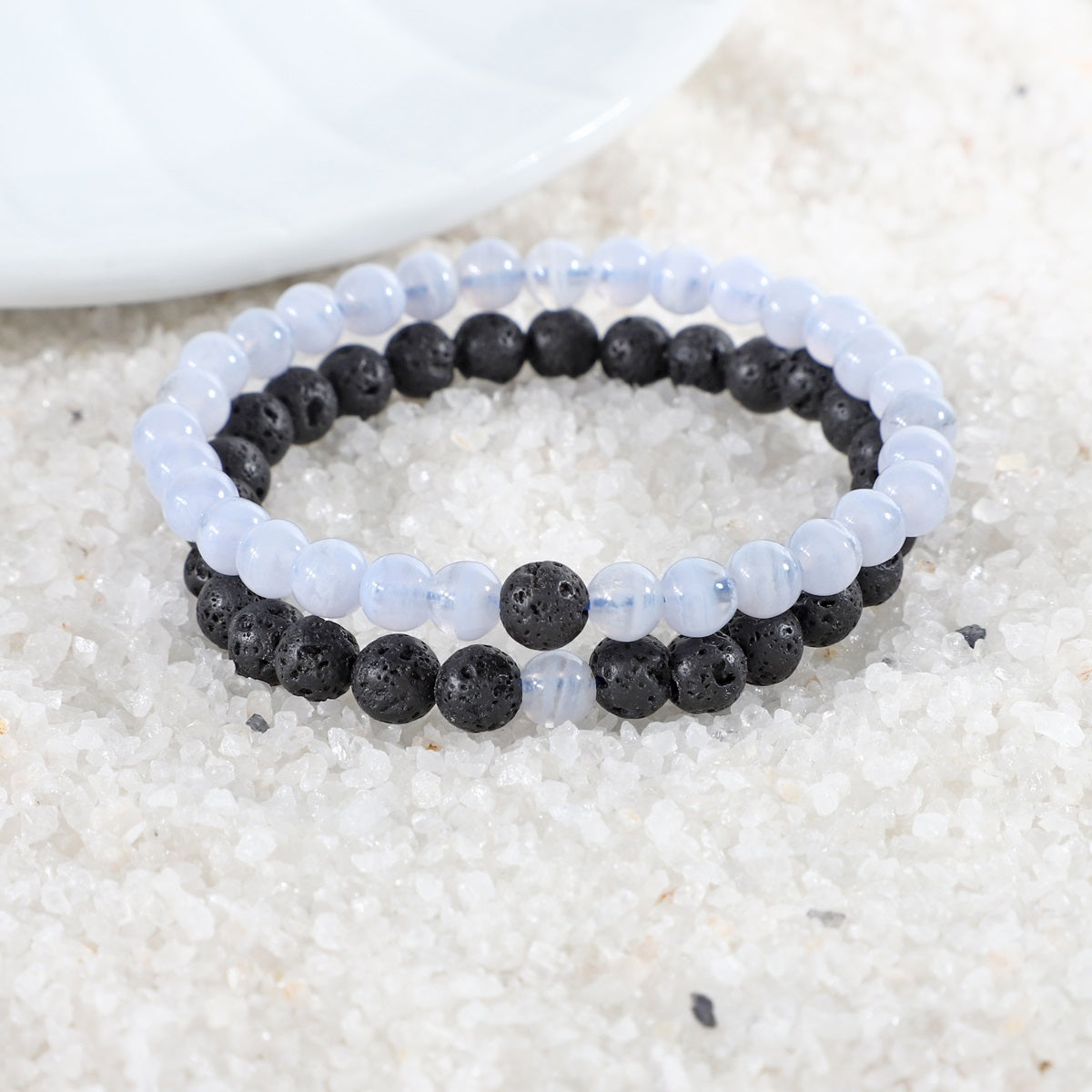 Various styling ideas for the Blue Lace Agate and Lava Gemstone Bracelet Combo, showcasing its versatile and fashionable appeal for everyday wear