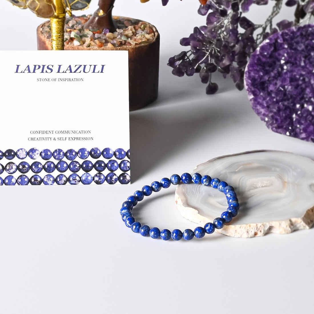 Visual representation of confidence and enhanced communication associated with the Lapis Lazuli Stretch Bracelet, promoting self-expression and understanding