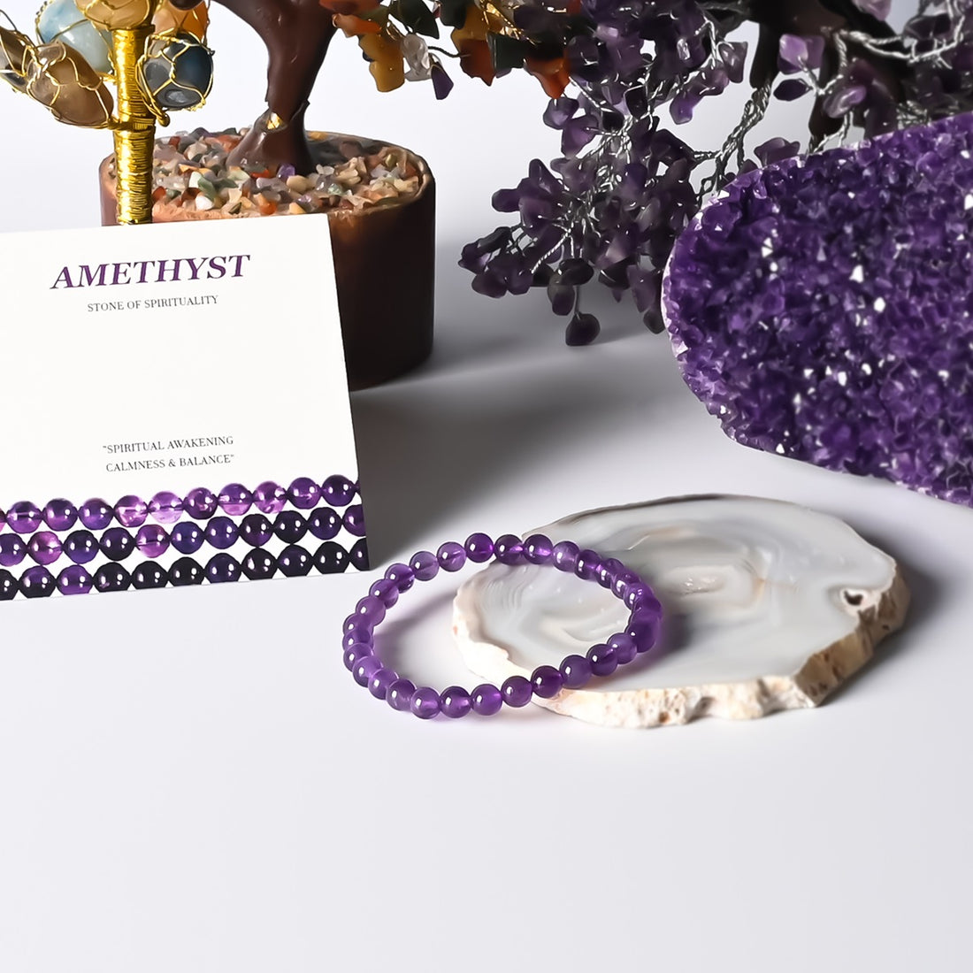Visual representation of spiritual awakening associated with the Amethyst Stretch Bracelet, radiating positive energy and enlightenment