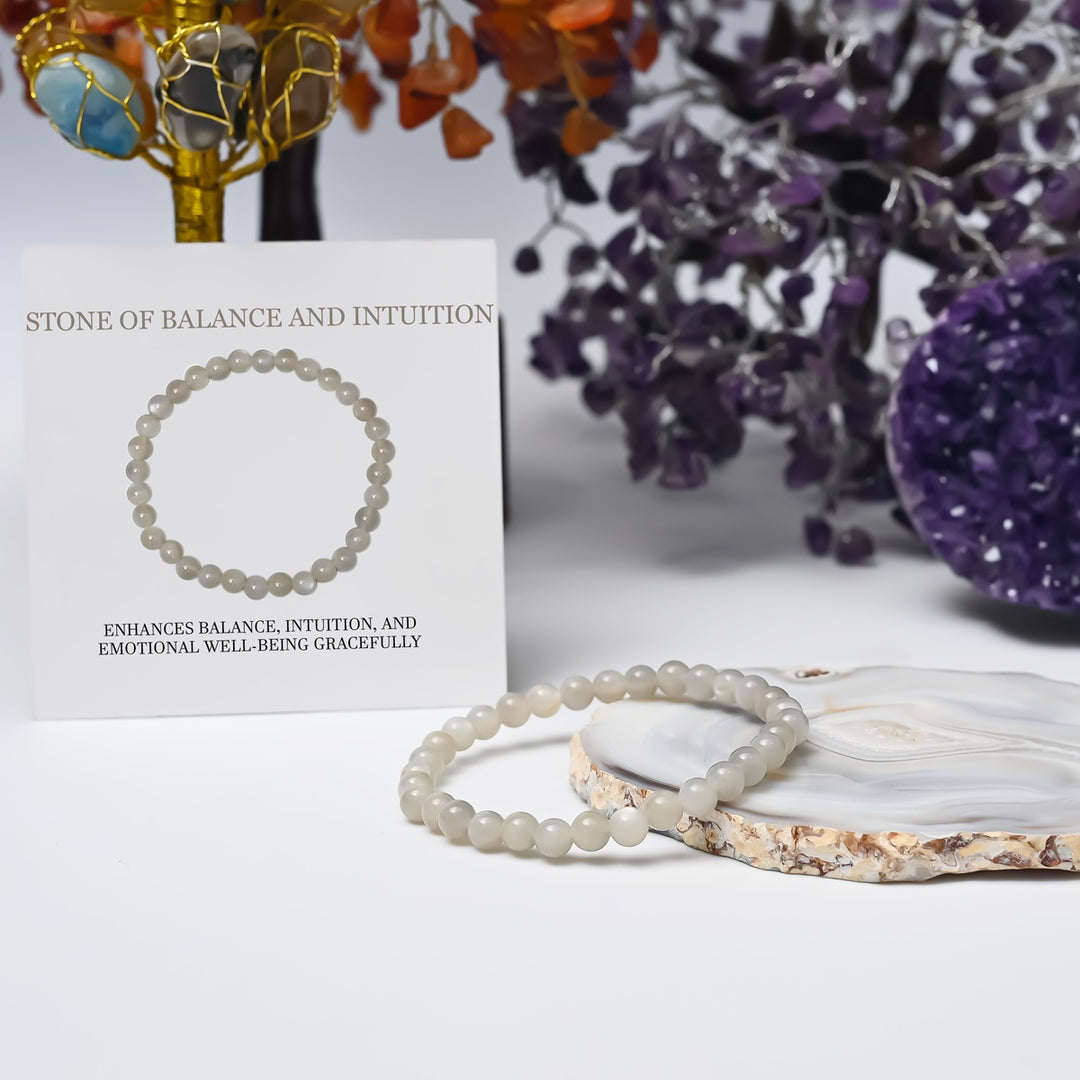 Symbolic image representing heightened intuition associated with the Gray Moonstone Bracelet, showcasing it as a fashionable accessory radiating intuitive balance and clarity